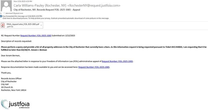 City of Rochester NY. Records Request FOIL-2025-1065 - Appeal